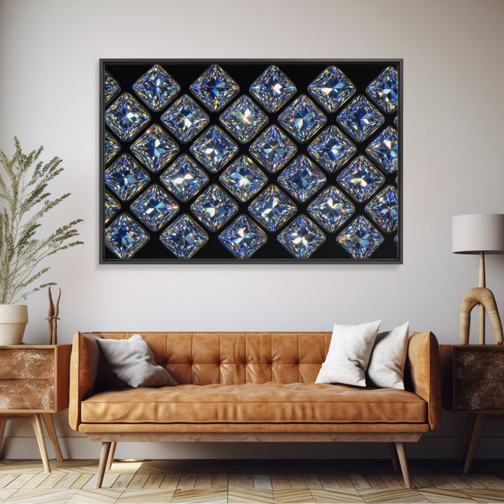 Blue Square Diamond Grid Canvas Print, Sparkling Geometric Wall Art, Modern Glam Decor, Black Luxury Poster, Gift For Her