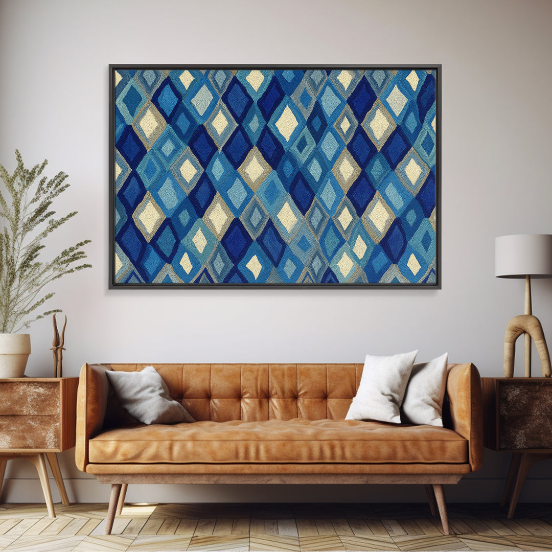 Blue Diamond Textile Pattern Wall Art, Geometric Modern Decor, Scandinavian Canvas Print, Coastal Abstract Poster For Home