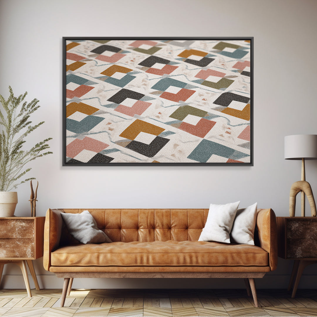 Retro Interlocking Square Pattern Wall Art, Mid Century Modern Decor, Geometric Canvas Print, Muted Color Textile Poster