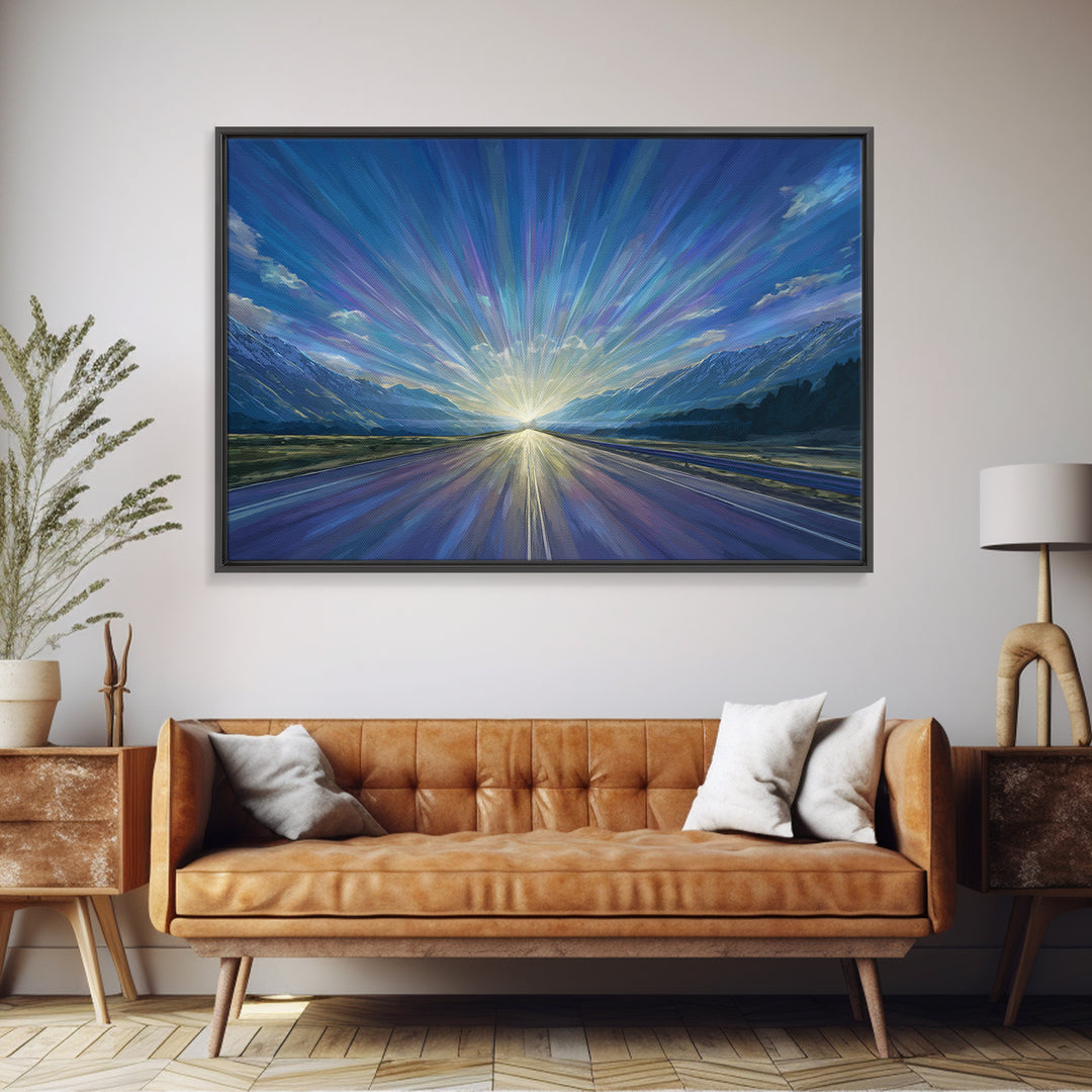 Mountain Sunrise Road Light Wall Art, Modern Landscape Print, Blue Scenic Office Decor, Contemporary Nature Home Decor Gift