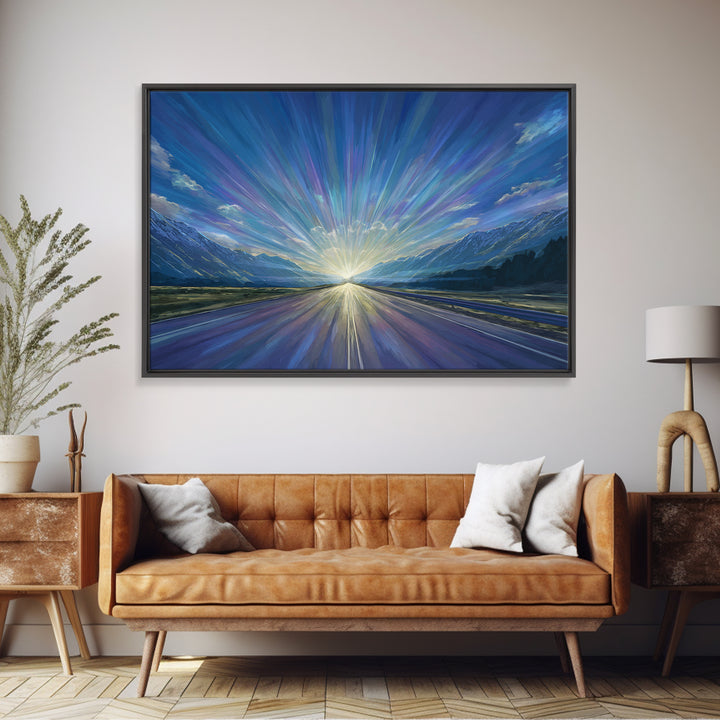 Mountain Sunrise Road Light Wall Art, Modern Landscape Print, Blue Scenic Office Decor, Contemporary Nature Home Decor Gift