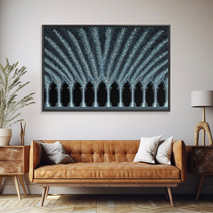 Blue Gothic Archway Wall Art, Architectural Canvas Print, Black White Geometric Poster, Cathedral Decor, Modern Home Gift