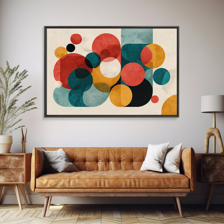 Red Teal Mustard Circle Wall Art, Midcentury Abstract Canvas Print, Geometric Shapes Art, Modern Home Decor, Office Decor