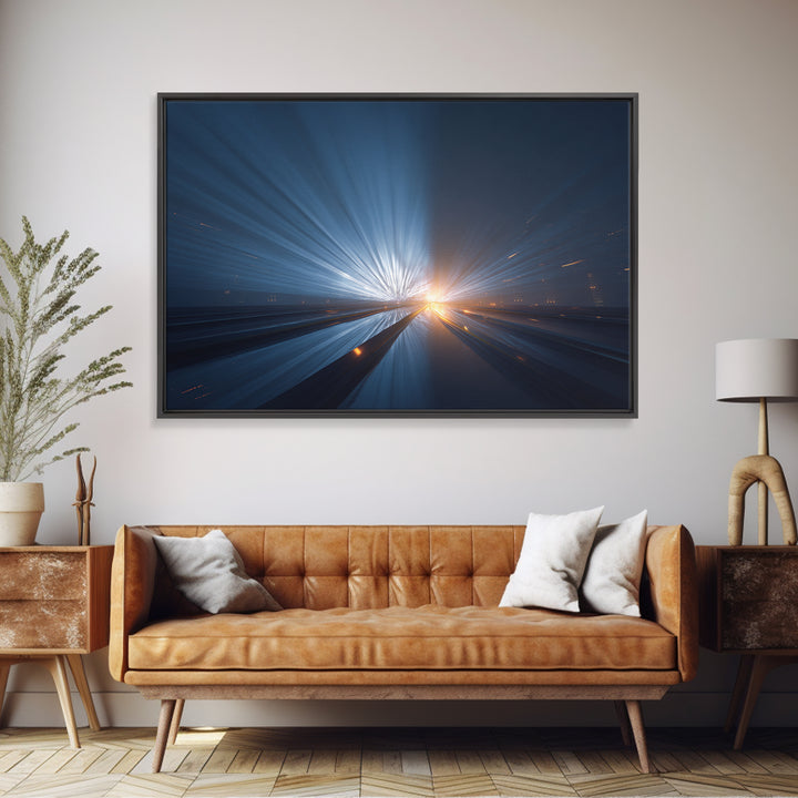 Dark Blue Highway Light Burst Canvas Print, Modern Abstract Art, Futuristic Wall Decor, Masculine Office Poster Print Gift