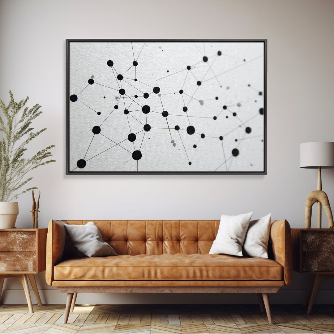 Black Molecular Network Canvas Print, Minimalist Geometric Wall Art, Modern Abstract Art, Science Office Decor, Monochrome Poster