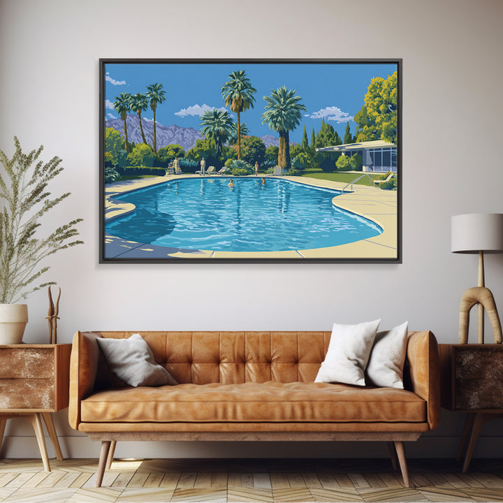 Palm Springs Swimming Pool Framed Canvas Print, Mid Century Modern Wall Art, California Travel Poster, Retro Home Decor Print