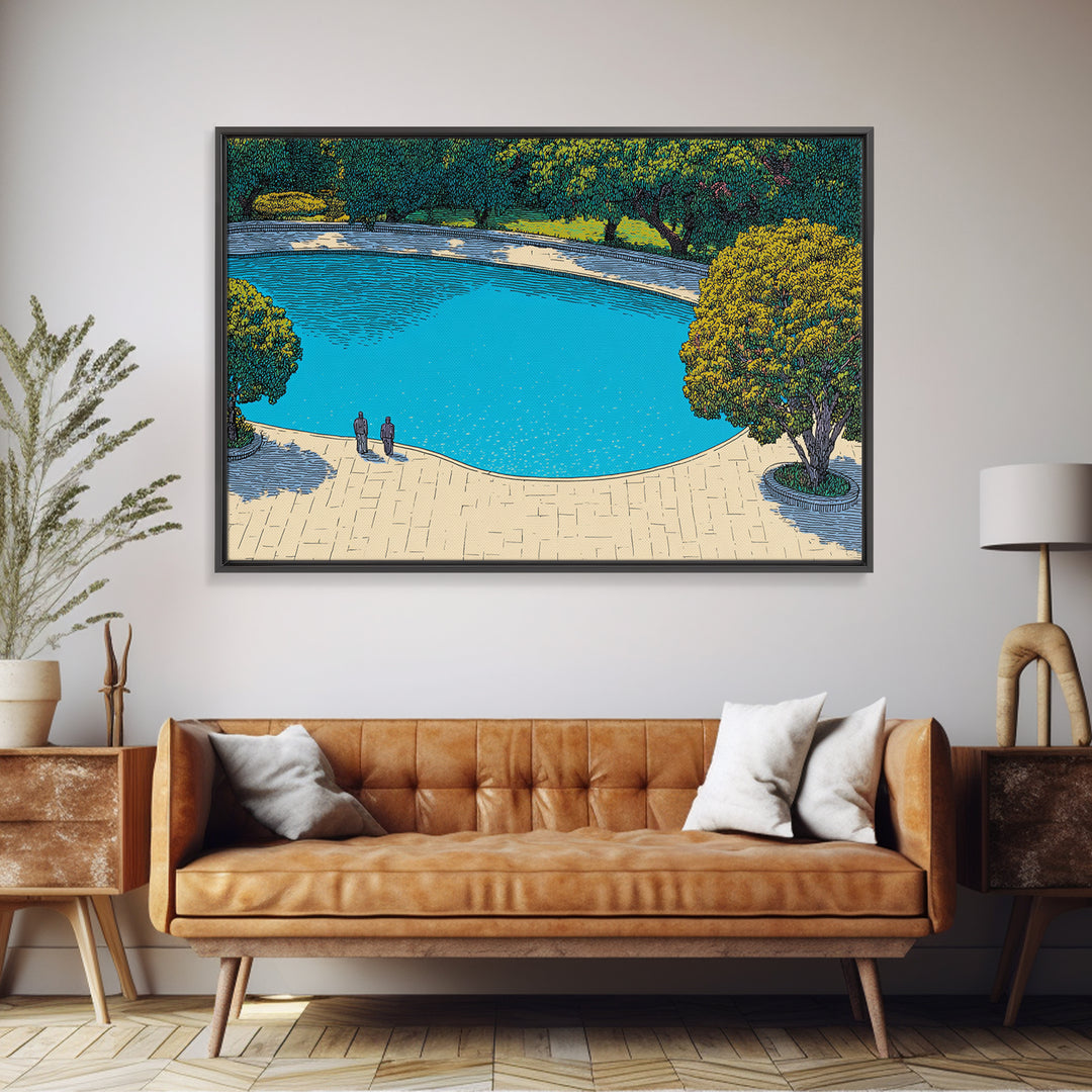 Turquoise Lagoon Garden Path Wall Art, Mid Century Modern Canvas Print, Scenic Landscape Poster, Blue Nature Home Decor Print