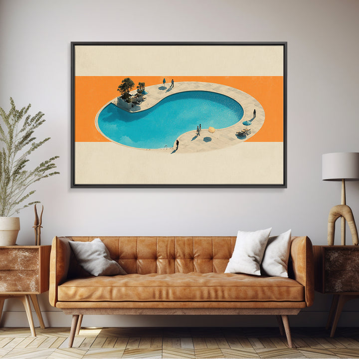 Aerial Kidney Pool With Orange Field Wall Art, Mid Century Modern Canvas Print, Minimalist Retro Home Decor, Pool Poster