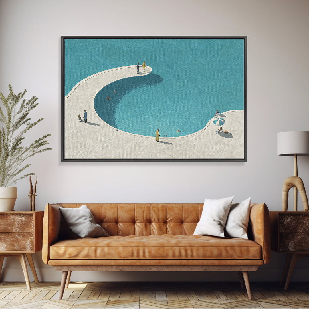 Minimal Curved Pool And Sunbathers Canvas Print, Mid Century Modern Wall Art, Blue Abstract Decor, Retro Summer Poster Print