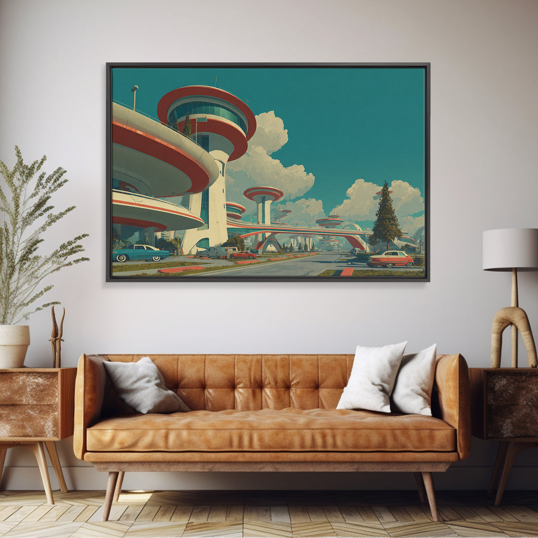 Futuristic Atomic City With Flying Saucer Framed Canvas Print, Mid Century Modern Wall Art, Retro Sci Fi Poster Decor Print