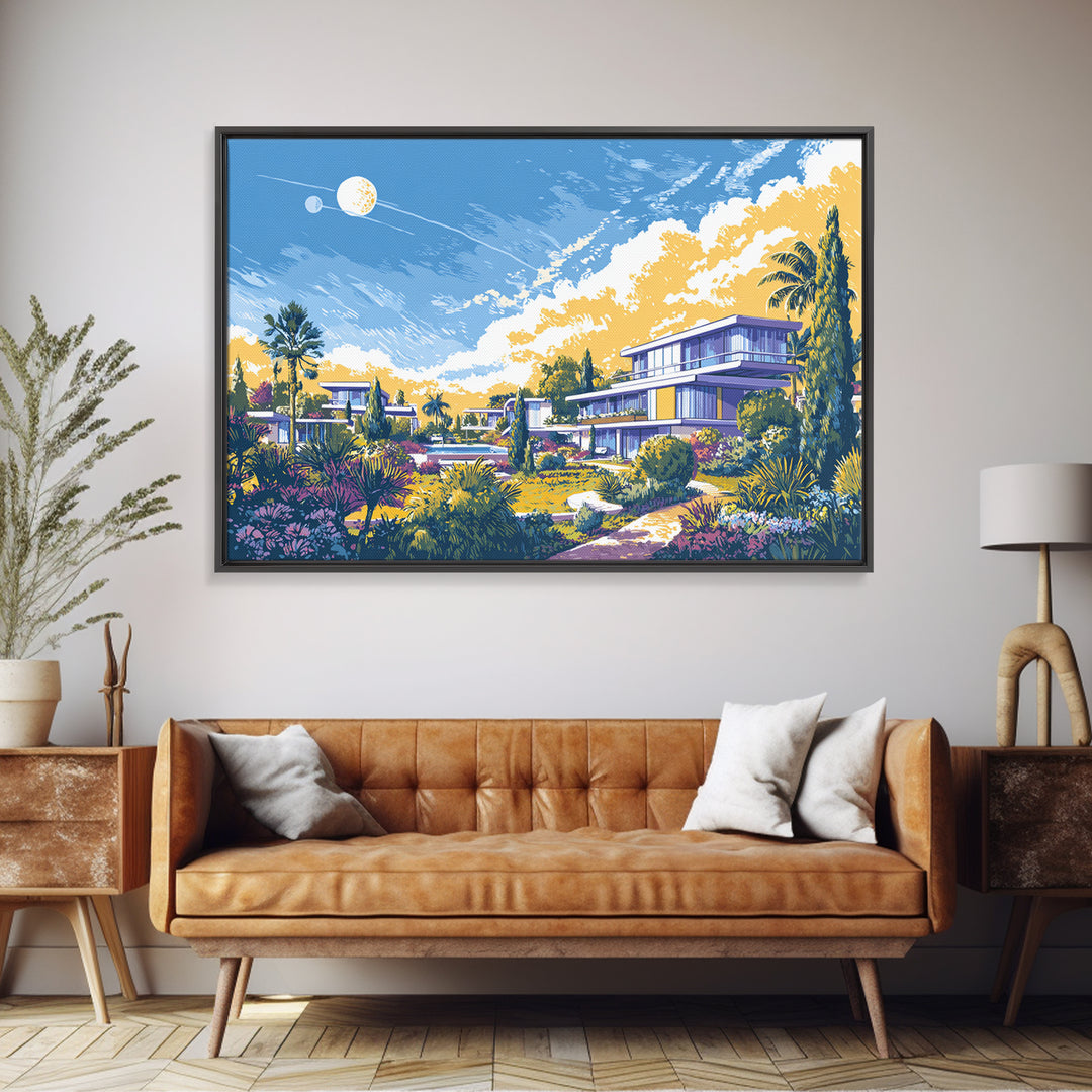 Modernist Garden Homes And Celestial Sky Canvas Print, Mid Century Modern Wall Art, Architectural Landscape Home Decor Poster