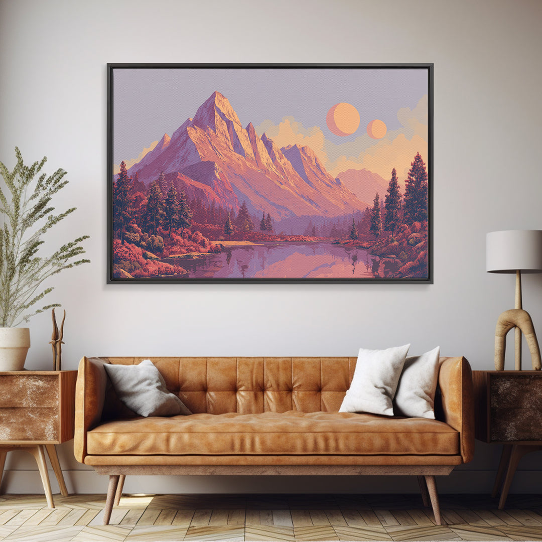 Pink Purple Alpine Lake Wall Art, Midcentury Modern Landscape Print, Retro Mountain Decor, Pastel Scenic Home Poster Gift