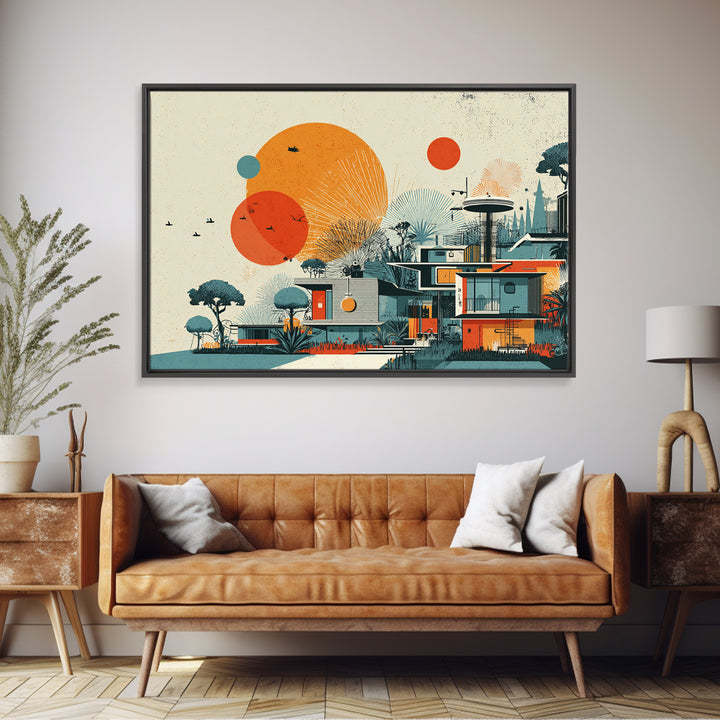 Orange Sun Modernist House And Birds Wall Art, Mid Century Modern Canvas Print, Atomic Desert Architecture Decor Poster Print