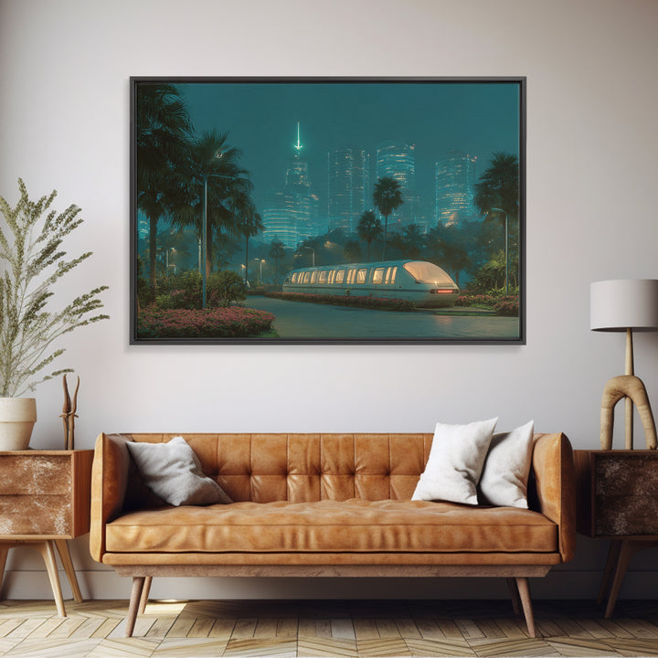 Neon Palm Monorail Futuristic Night City Wall Art, Retro Sci Fi Skyline, Teal Urban Decor, Modern Digital Art Print, For Living Room