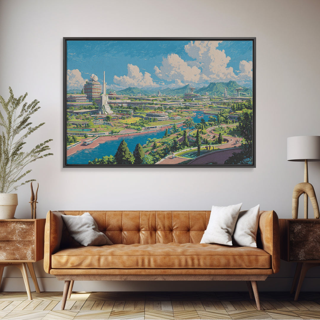 Sunny Retro Future Garden City Canvas Print, Utopian River Skyline, Mountain Landscape, Midcentury Modern Wall Decor Print