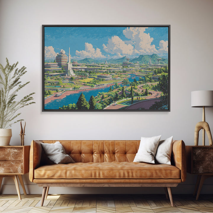 Sunny Retro Future Garden City Canvas Print, Utopian River Skyline, Mountain Landscape, Midcentury Modern Wall Decor Print