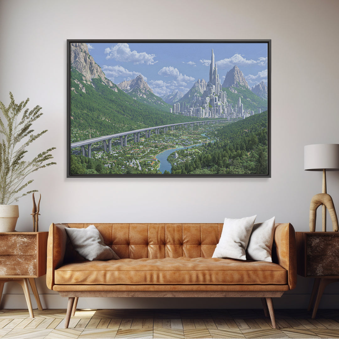 Silver Alpine Megacity And Elevated Rail Wall Art, Futuristic Mountain Landscape, Modern Sci Fi Cityscape Home Decor Print
