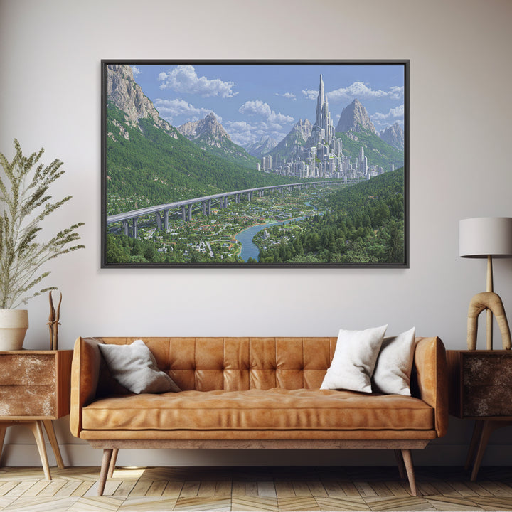 Silver Alpine Megacity And Elevated Rail Wall Art, Futuristic Mountain Landscape, Modern Sci Fi Cityscape Home Decor Print