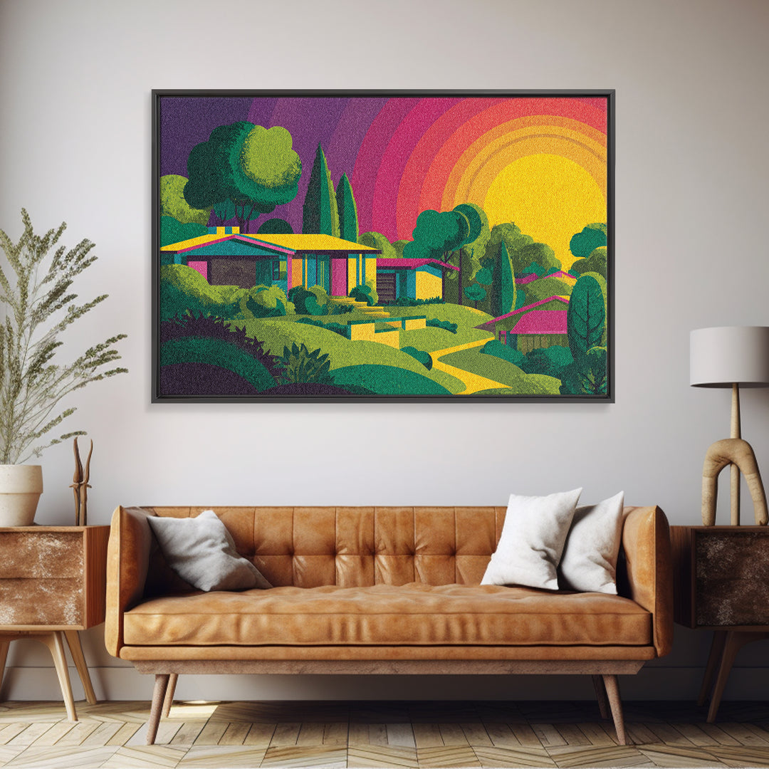 Colorful Midcentury Hillside Home Sunset Wall Art, Retro Palm Springs Decor, MCM Architecture Print, Groovy 70s Art Poster