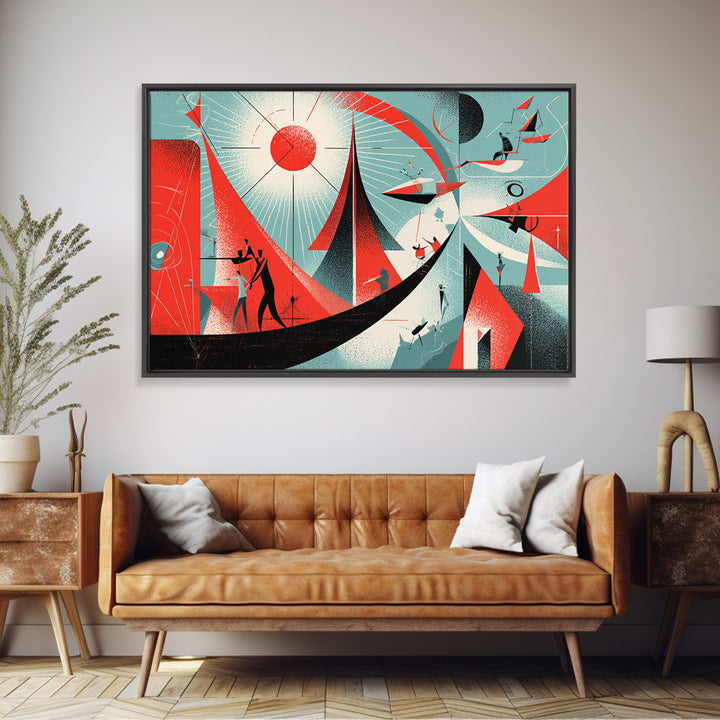Red Atomic Sailboats And Cosmic Figures Canvas Print, Midcentury Abstract Wall Art, Bauhaus Geometric Retro Poster Decor