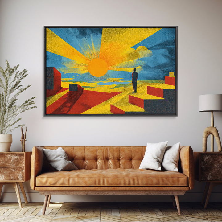 Golden Sun And Lone Figure Geometric Desert Wall Art, Midcentury Modern Abstract Print, Bold Yellow Orange Decor For Living Room