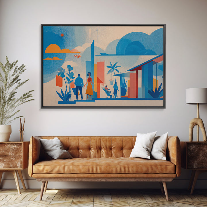 Pastel Family At Modernist Home Framed Canvas Print, Midcentury Wall Art, Scandinavian Blue Decor, Nursery Room Art Poster