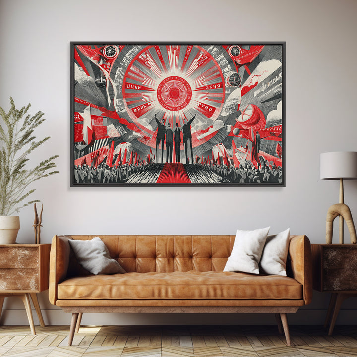 Red Futurist Rally With Rockets And Crowd Wall Art, Soviet Style Space Poster, Retro Sci Fi Propaganda Canvas Print Decor
