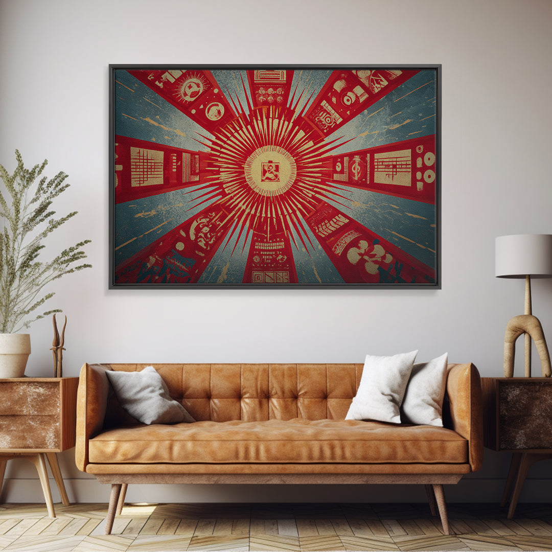 Radial Soviet Science Panels And Red Star Wall Art, Retro Futurist Propaganda Poster, Modern Geometric Canvas Print Decor