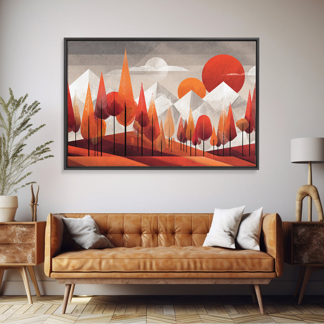 Orange Geometric Forest Mountains Canvas Print, Midcentury Modern Wall Art, Retro Landscape Decor, Bold MCM Home Decor Poster
