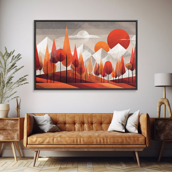Orange Geometric Forest Mountains Canvas Print, Midcentury Modern Wall Art, Retro Landscape Decor, Bold MCM Home Decor Poster