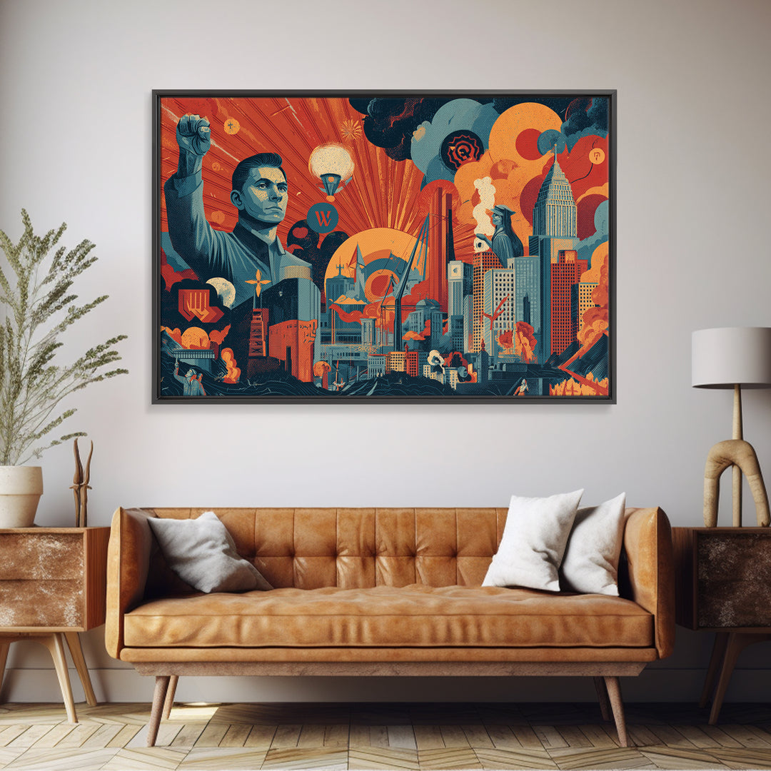 Heroic Retro Futurist Industrial City Wall Art, Midcentury Modern Poster, Bold Orange Teal Sci Fi Canvas Print Office Decor