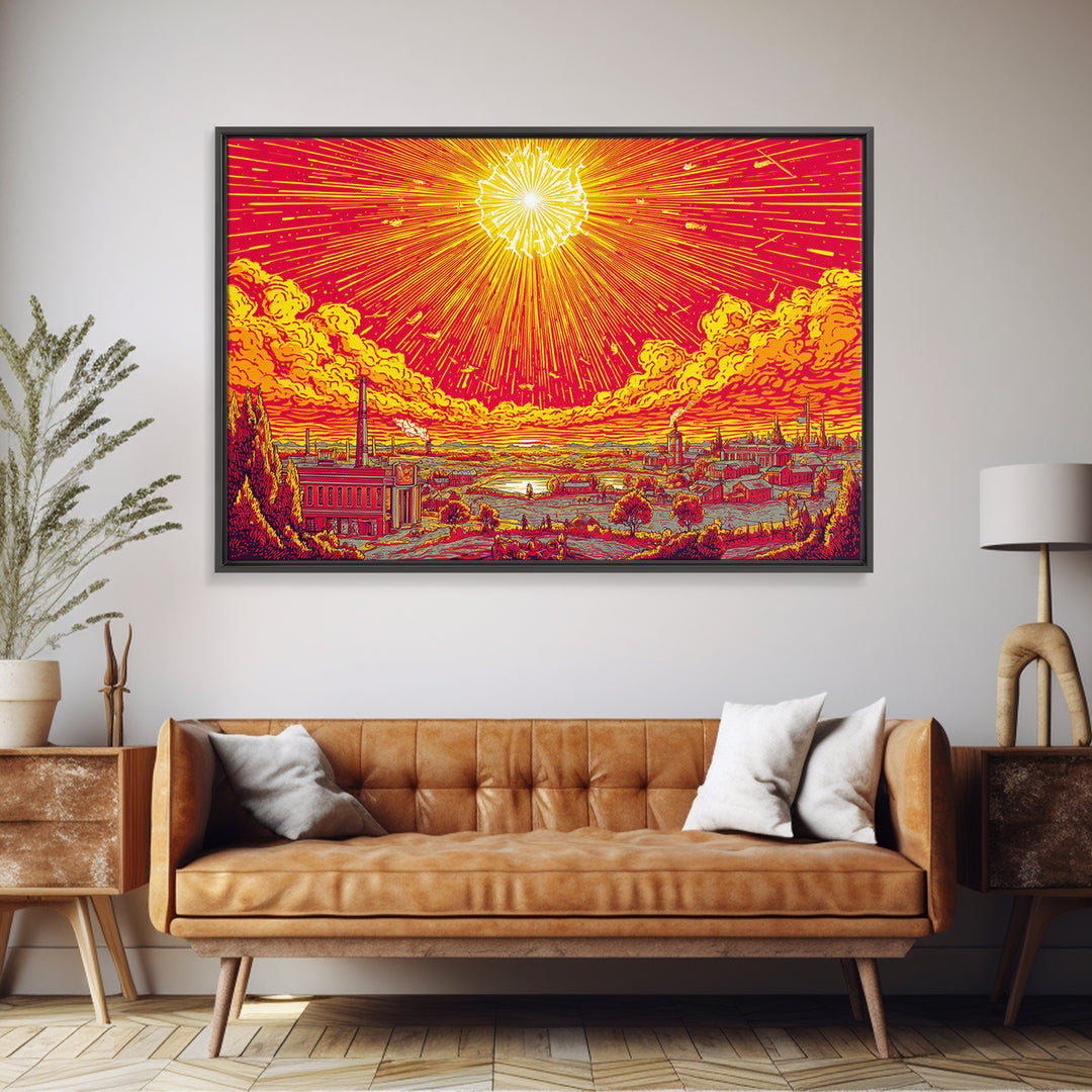 Radiant Industrial Sunburst City Wall Art, Retro Futurism Poster, Midcentury Modern Art, Atomic MCM Decor, Orange Print Gift