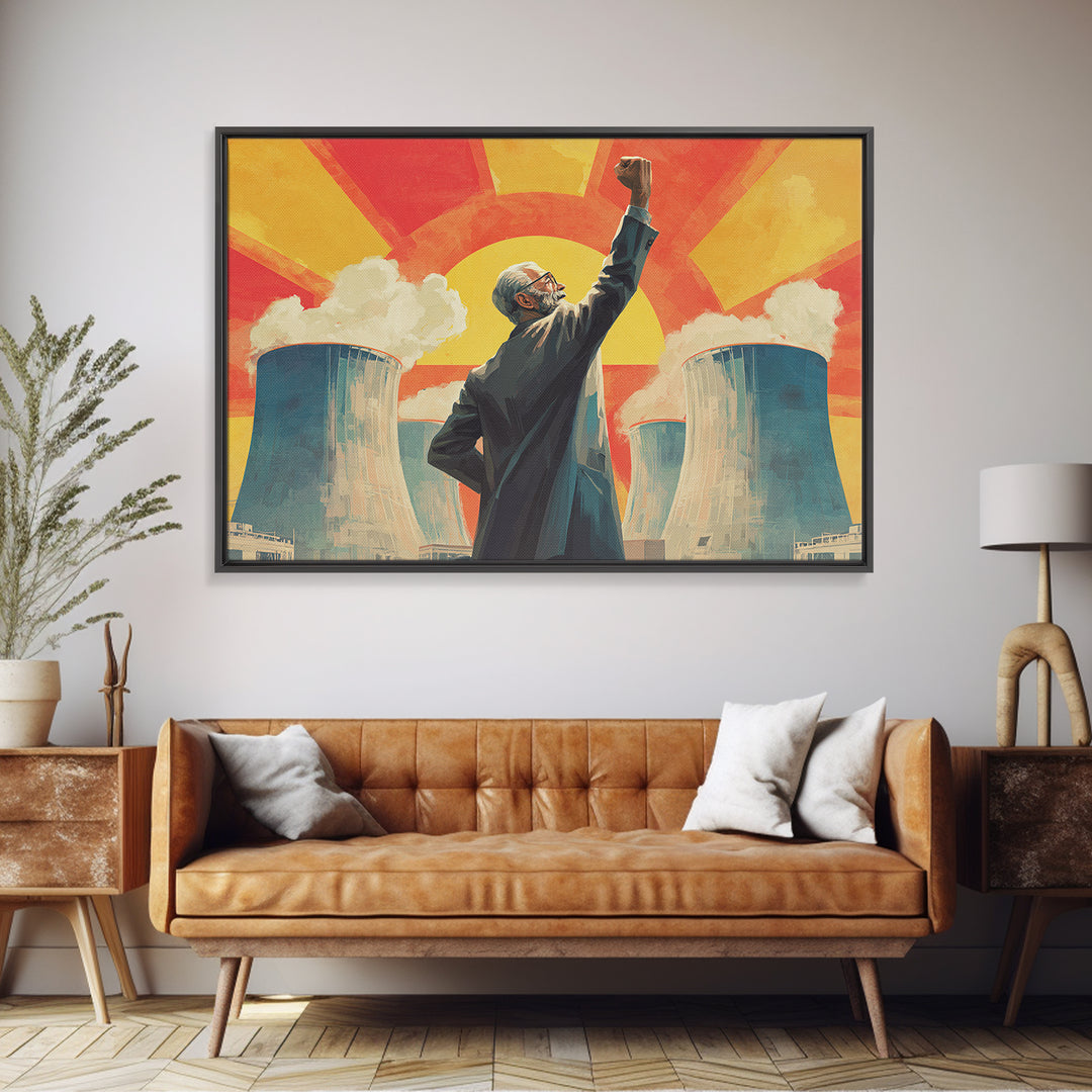 Nuclear Cooling Tower Leader Framed Canvas Print, Retro Political Poster, Midcentury Modern Wall Decor, Atomic Science Art