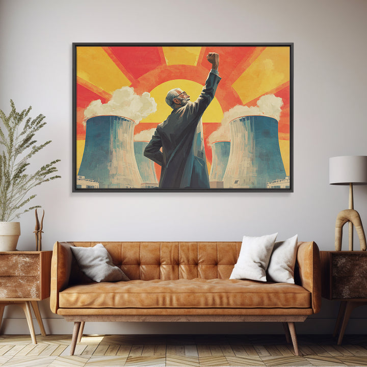 Nuclear Cooling Tower Leader Framed Canvas Print, Retro Political Poster, Midcentury Modern Wall Decor, Atomic Science Art