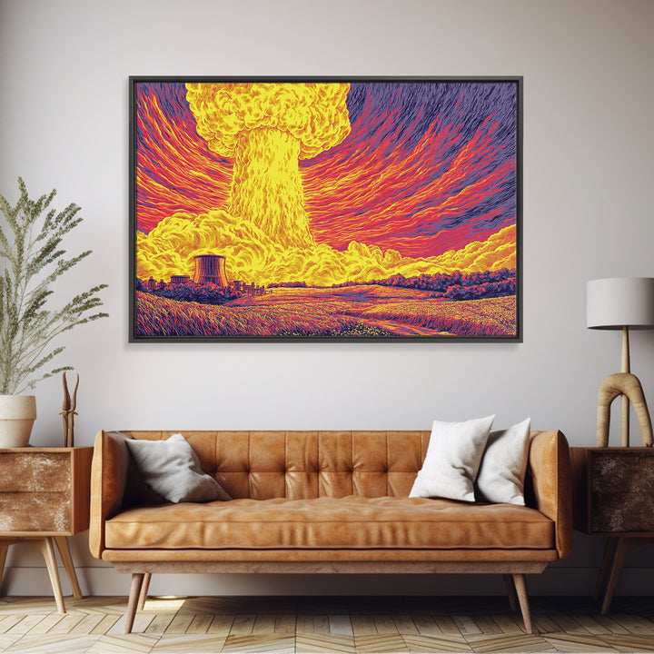 Fiery Atomic Mushroom Cloud Canvas Print, Nuclear Landscape Poster, Retro Sci Fi Wall Decor, Midcentury Modern Art Print