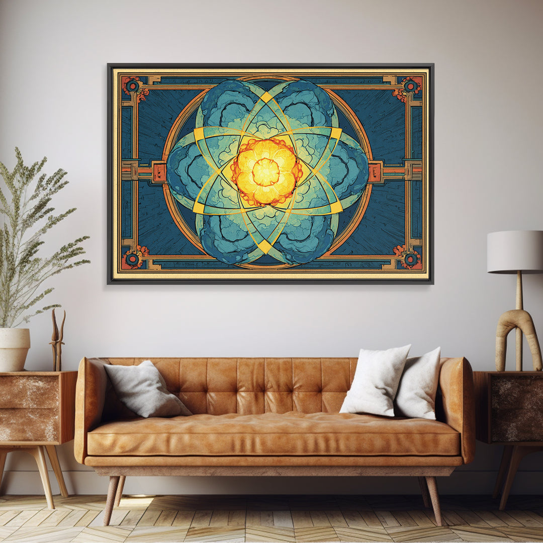 Ornate Atomic Explosion Framed Canvas Print, Art Deco Science Poster, Geometric Wall Art Decor, Midcentury Modern Print Gift