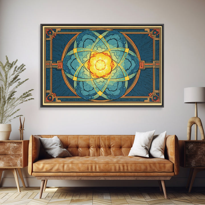 Ornate Atomic Explosion Framed Canvas Print, Art Deco Science Poster, Geometric Wall Art Decor, Midcentury Modern Print Gift