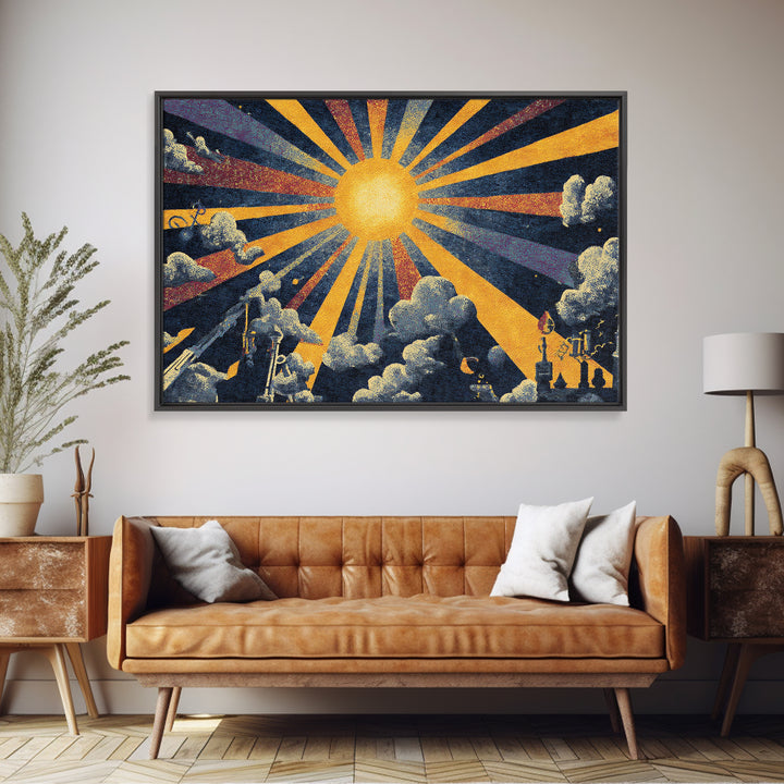Golden Sunburst Cloud Wall Art, Retro Art Deco Poster, Midcentury Modern Home Decor, Atomic Celestial Canvas Print Gift Idea