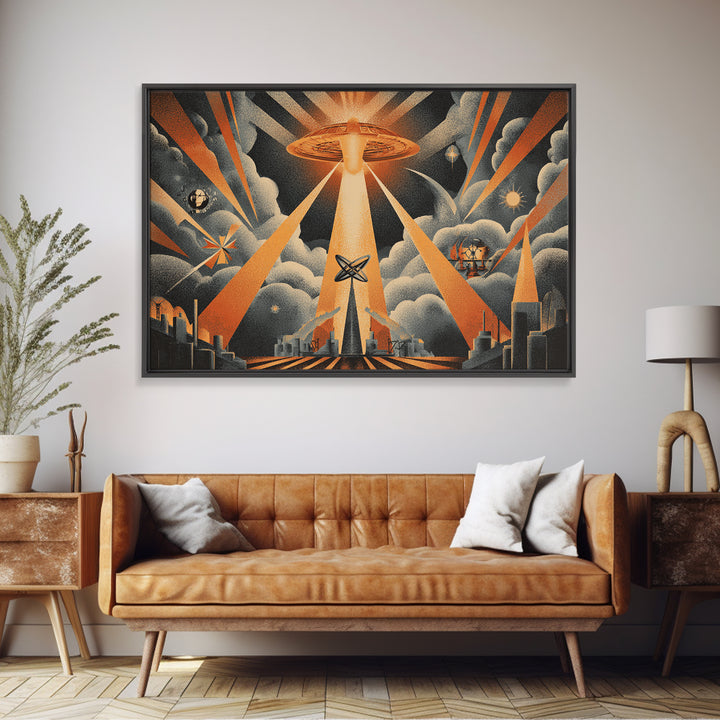 UFO Beam Over City Canvas Print, Retro Sci Fi Poster, Atomic Space Wall Art, Midcentury Modern MCM Decor, Orange Rays Print