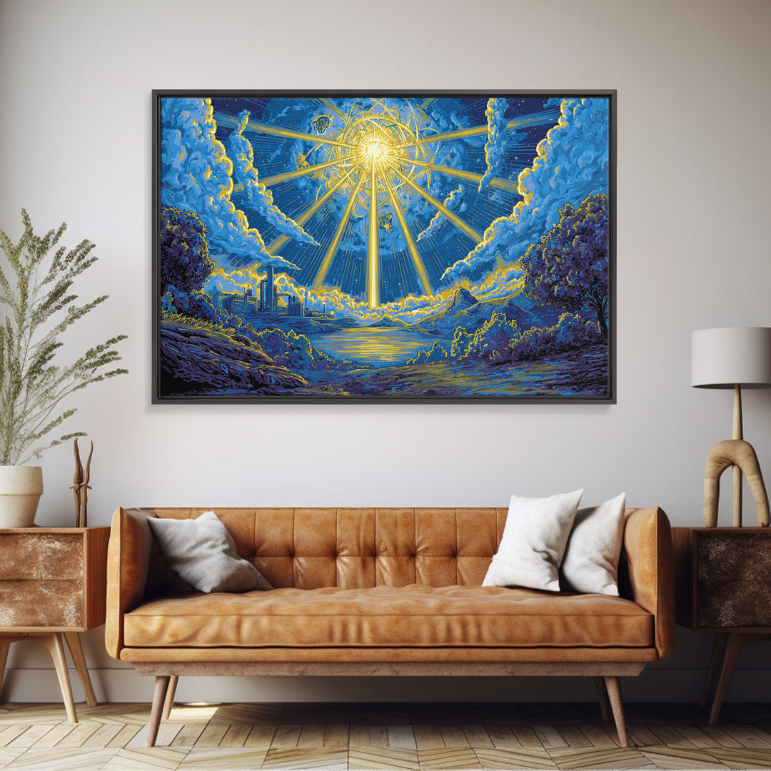 Blue Celestial Sunburst Sky Wall Art, Dreamy Cosmic Landscape Poster, Midcentury Modern Decor, Retro Spiritual Art Print