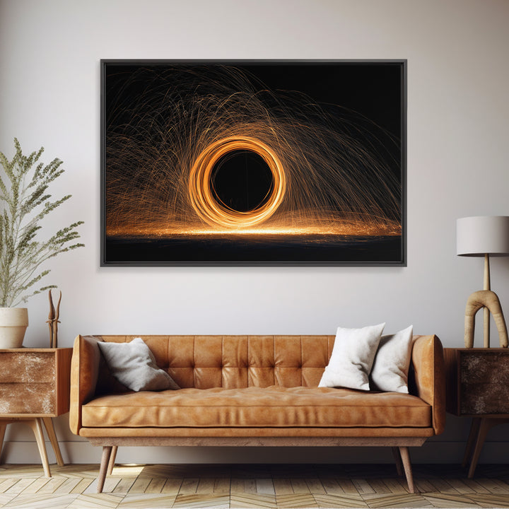 Orange Black Hole Light Trails Wall Art, Modern Abstract Art Print, Cosmic Retro Decor, Home Office Art, Framed Canvas Print