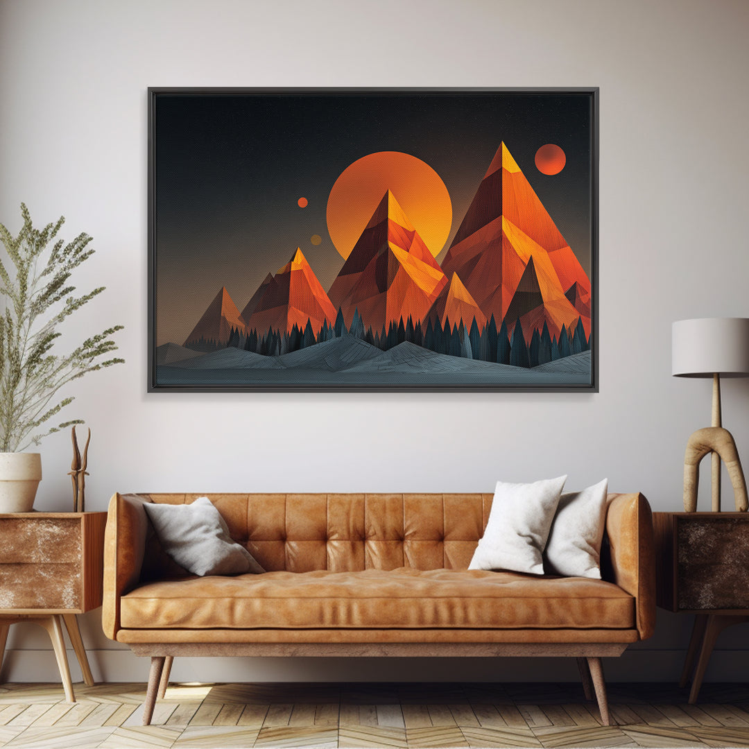 Orange Planet Pyramid Mountains Framed Canvas Print, Retro Futuristic Wall Art, Geometric Sci Fi Poster, MCM Home Decor Print