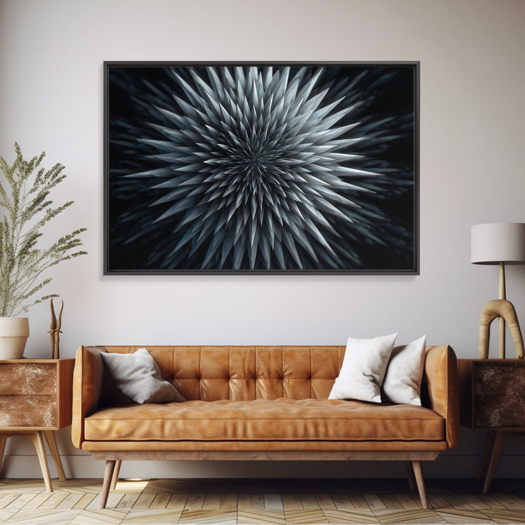 Metallic Crystal Starburst Framed Canvas Print, Modern Abstract Art, Geometric Wall Decor, Black Blue Statement Art Poster