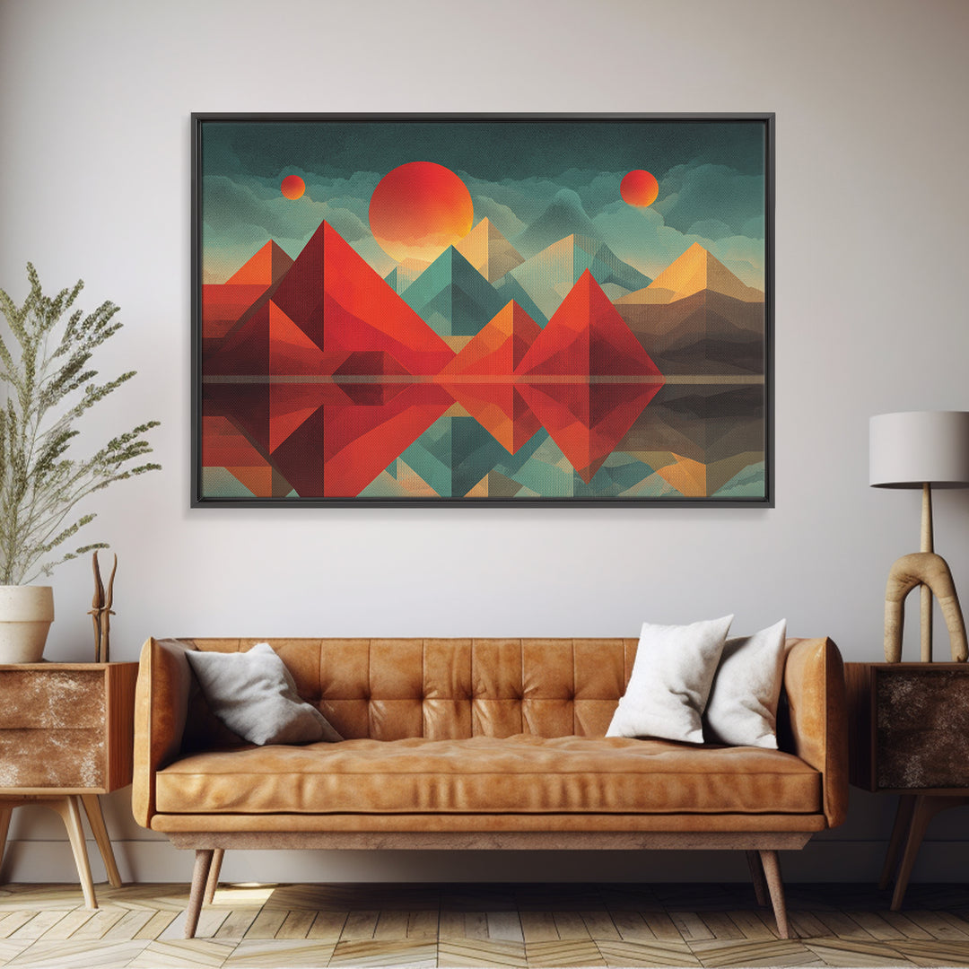 Geometric Red Pyramid Mountains Reflection Wall Art, Midcentury Modern Abstract Landscape, Retro MCM Decor, Canvas Print