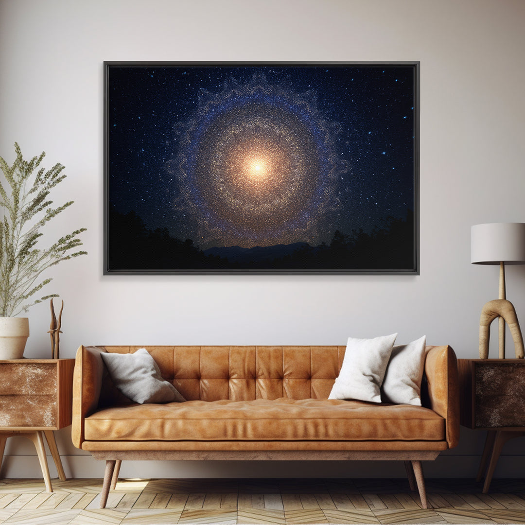 Starry Night Cosmic Mandala Canvas Print, Modern Abstract Wall Art, Galaxy Poster, Blue Space Decor For Bedroom Home Office