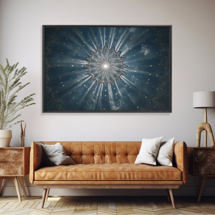 Radiant Blue Celestial Mandala Starburst Wall Art, Midcentury Modern Art Print, Atomic Retro Home Decor, Framed Canvas Print