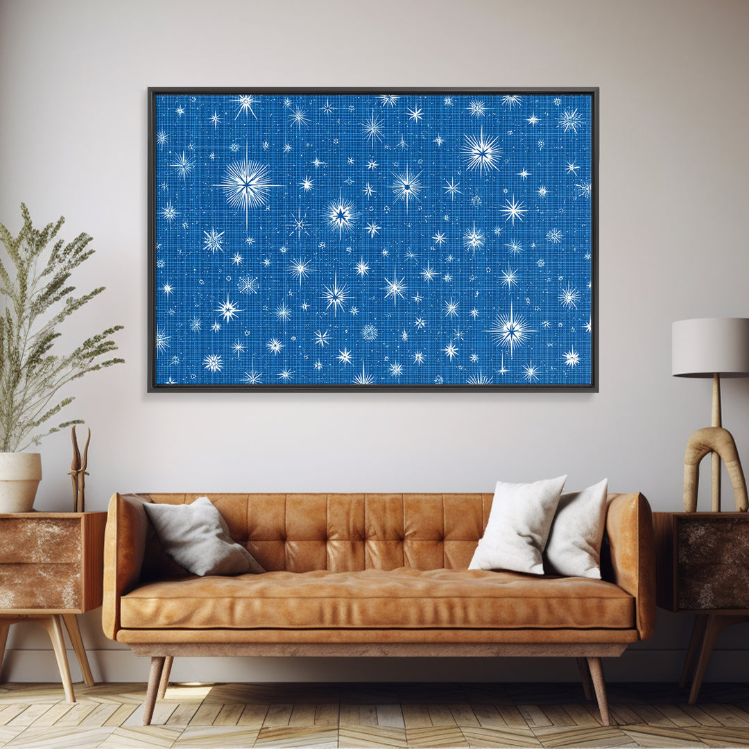 Blue Blueprint Atomic Starburst Wall Art, Midcentury Modern Art Print, Retro Geometric Pattern, Office Decor Canvas Print