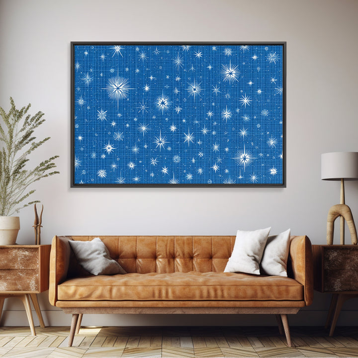Blue Blueprint Atomic Starburst Wall Art, Midcentury Modern Art Print, Retro Geometric Pattern, Office Decor Canvas Print
