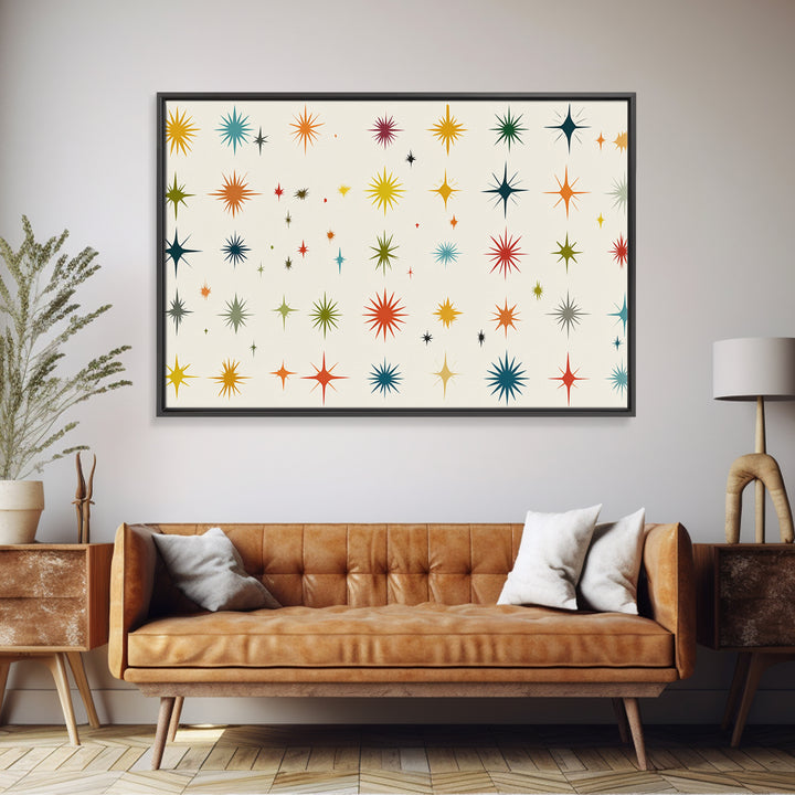 Cream Atomic Starburst Pattern Wall Art, Midcentury Modern Print, Retro 50s Colorful Home Decor, MCM Framed Canvas Print