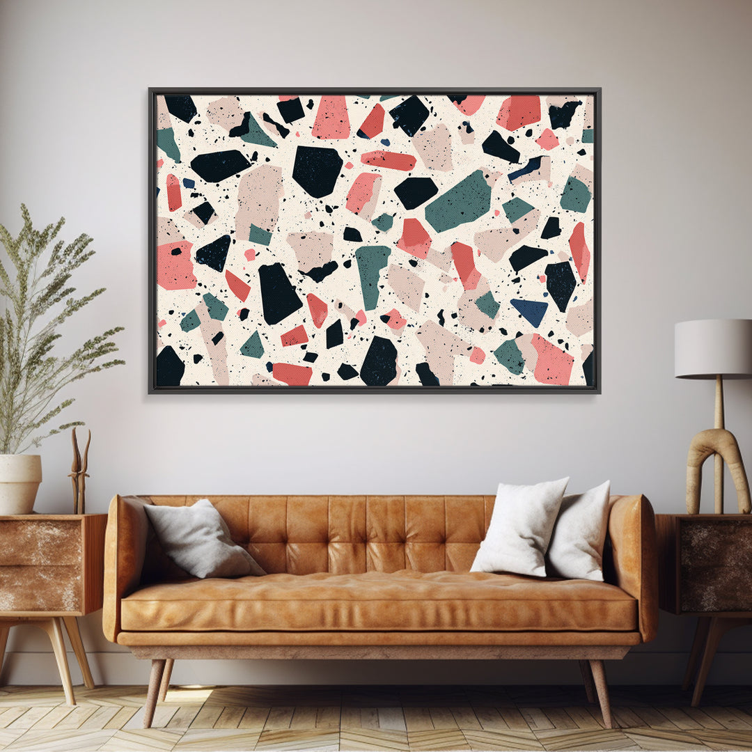 Coral Teal Terrazzo Abstract Wall Art, Midcentury Modern Art Print, Retro Geometric Pattern Home Decor, Framed Canvas Print